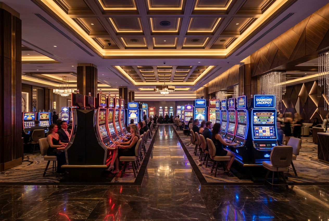 A luxurious modern casino interior with glowing slot machines