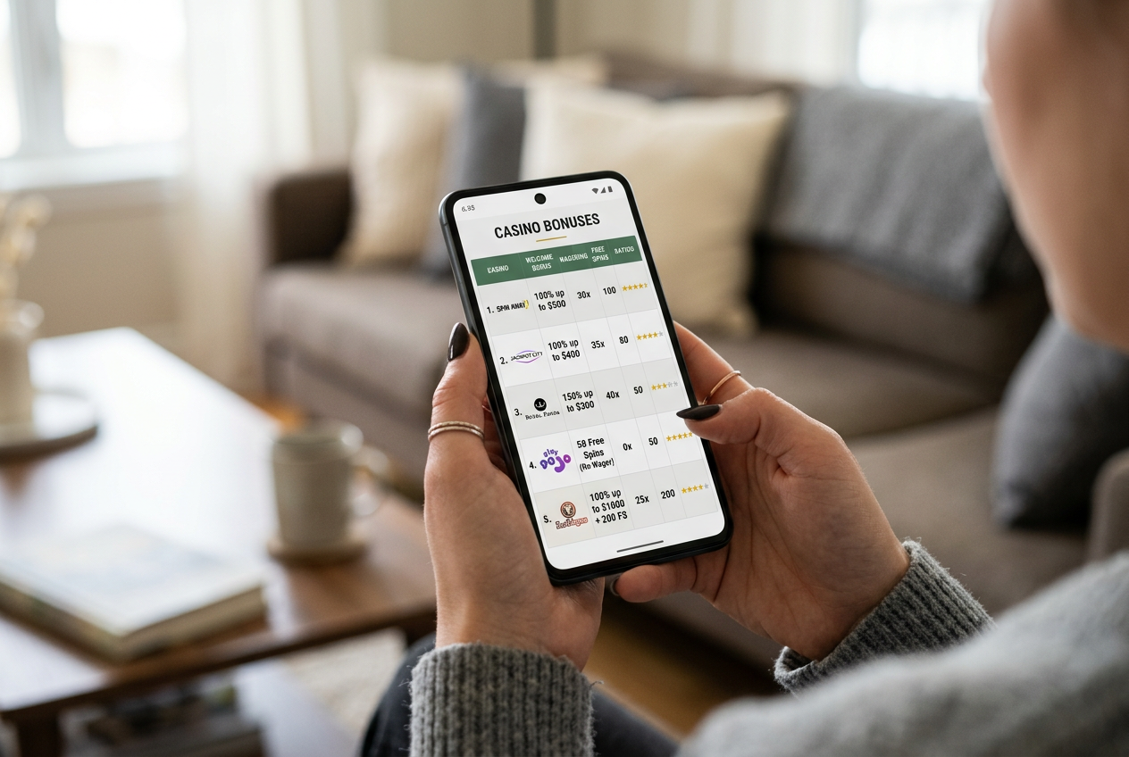 Hands holding a smartphone displaying online casino bonus comparisons